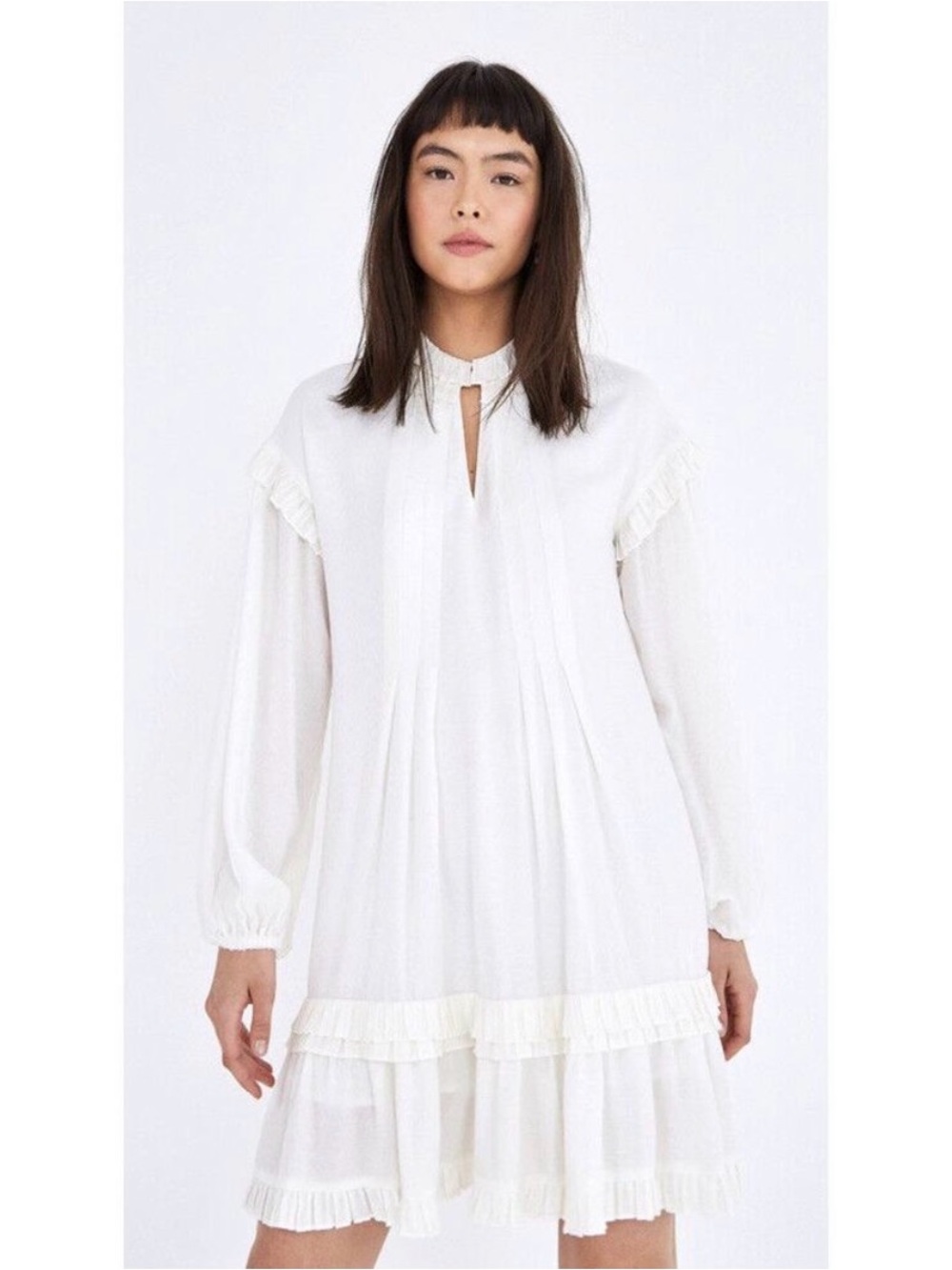 NWT Farm Rio Pleated White Ruffle Long-Sleeve Midi Dress - Large